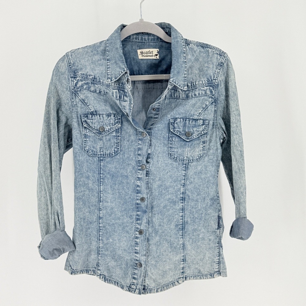 Womens Acid Wash Denim Western Snap Front Shirt Blue Size M 90s Y2k Rodeo